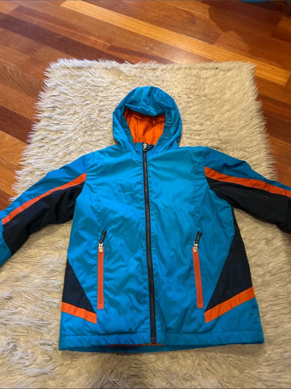 Lands End Kids Winter Polyester Blue & Orange Hooded Jacket